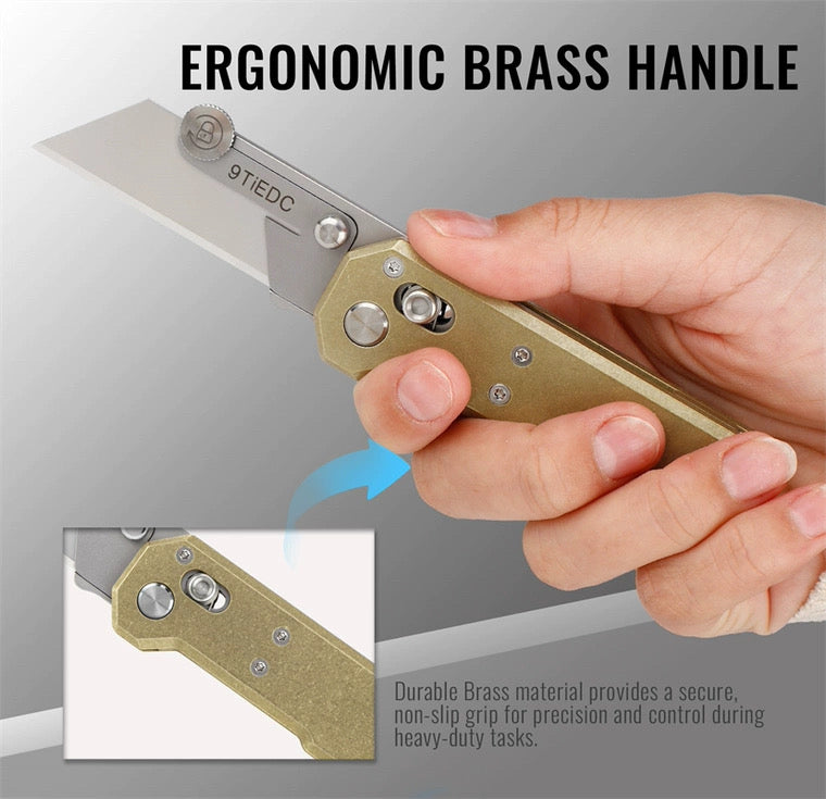 Utility Knife with Brass Handle, Outdoor EDC Folding Wallpaper Knife with 10 Blades