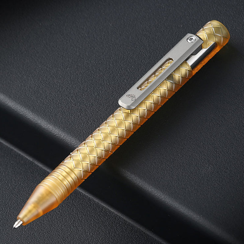Premium Amber PEI Titanium Alloy Bolt Action Tactical Pen With Back Clip