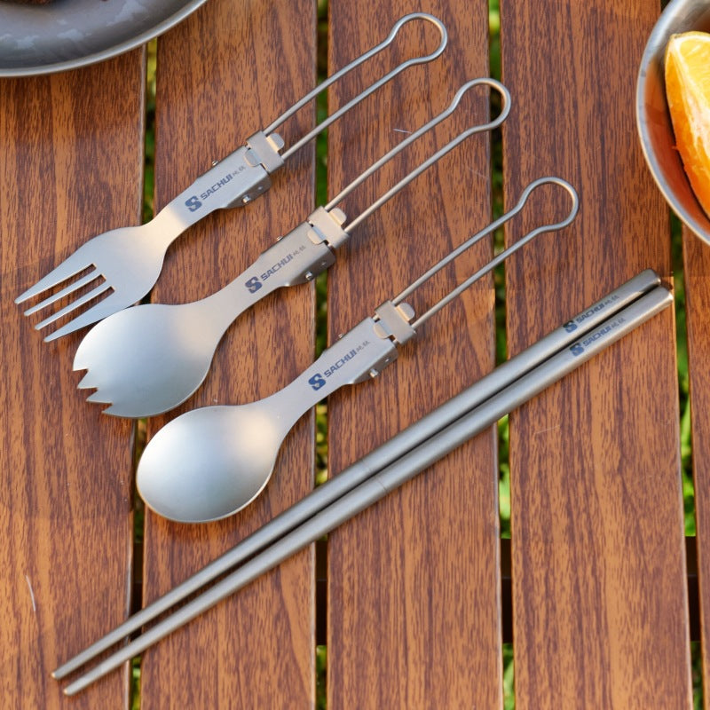 Pure Titanium 4-Piece Folding Tableware Set, Portable Outdoor Camping Titanium Utensils