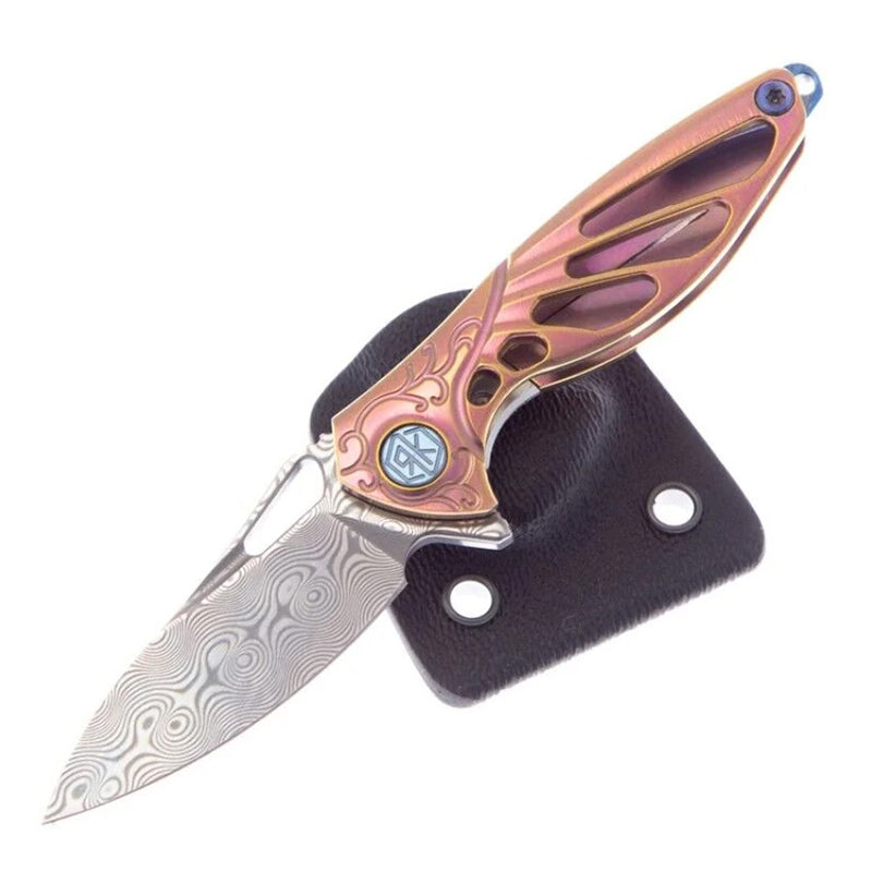 Rike Knife Mini Titanium Alloy Knife Made of Damascus Steel & Pink Titanium Handle