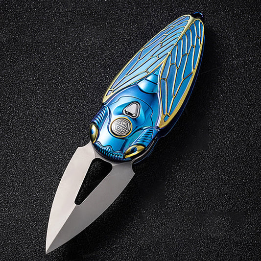 Blue Rike Knife Titanium Alloy Folding Knife M390 Steel Blade Cicada Design EDC Pocket Knife With Necklace Hole