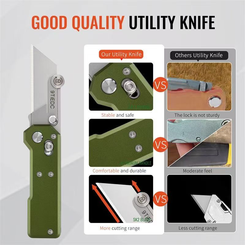9Ti EDC Aluminum Alloy Utility Knife With Green Handle With 10 Blades Suitable For EDC And Outdoor Use