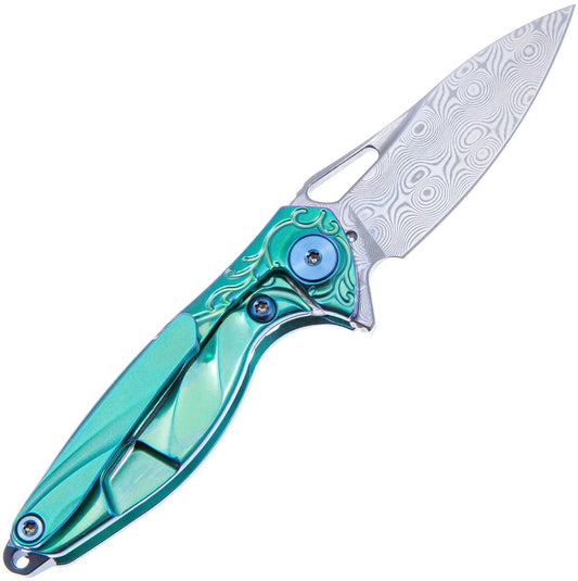 RikeKnife Mini Knife Is Made of Damascus Steel & Green Titanium Handle