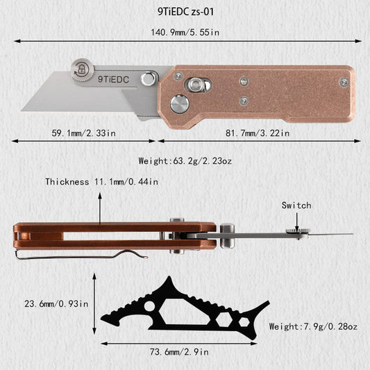 Utility Knife With Copper Handle, Portable EDC Outdoor Folding Wallpaper Knife With 10 Blades