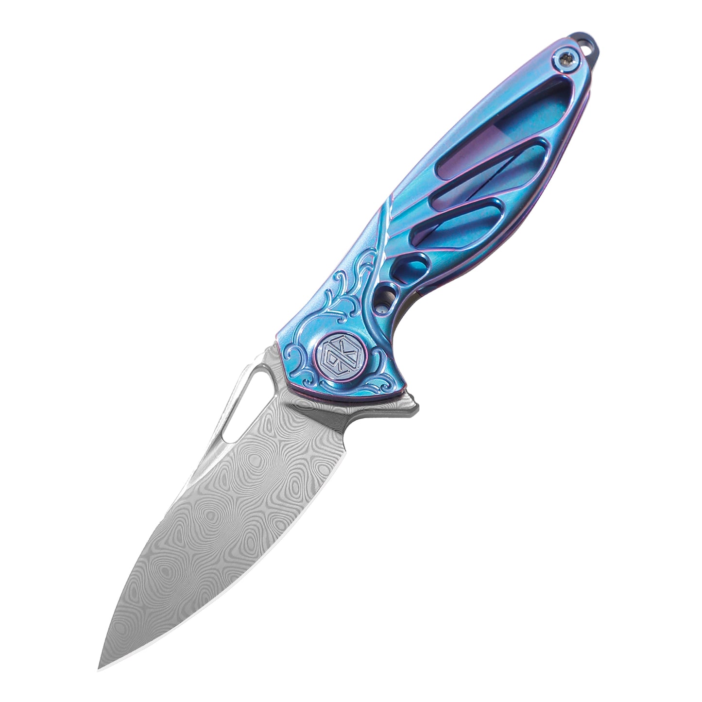 RikeKnife Mini Titanium Alloy Knife, Damascus steel material & Blue Titanium Handle