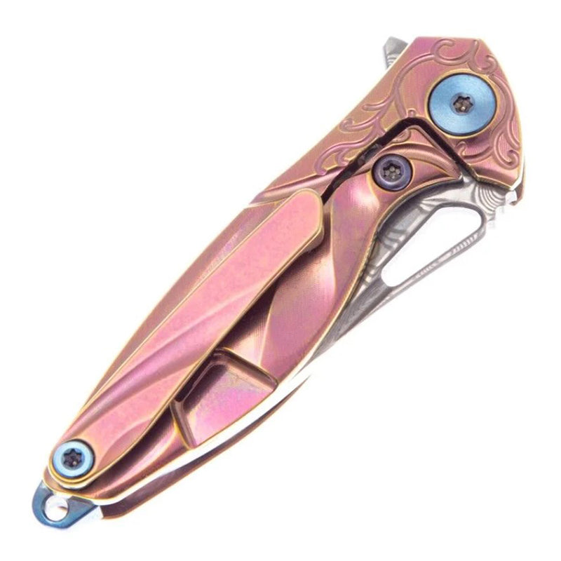Rike Knife Mini Titanium Alloy Knife Made of Damascus Steel & Pink Titanium Handle