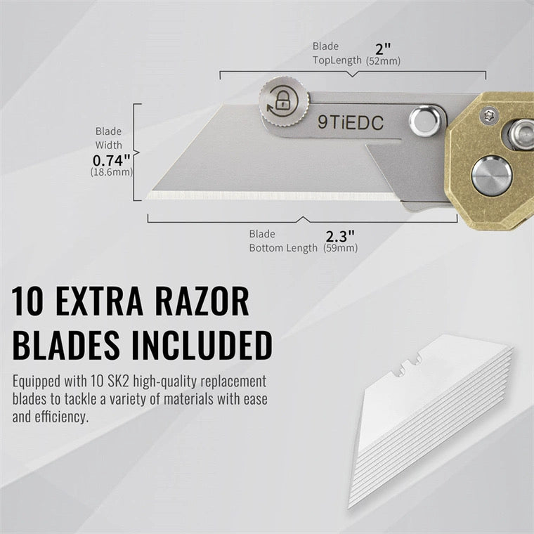 Utility Knife with Brass Handle, Outdoor EDC Folding Wallpaper Knife with 10 Blades