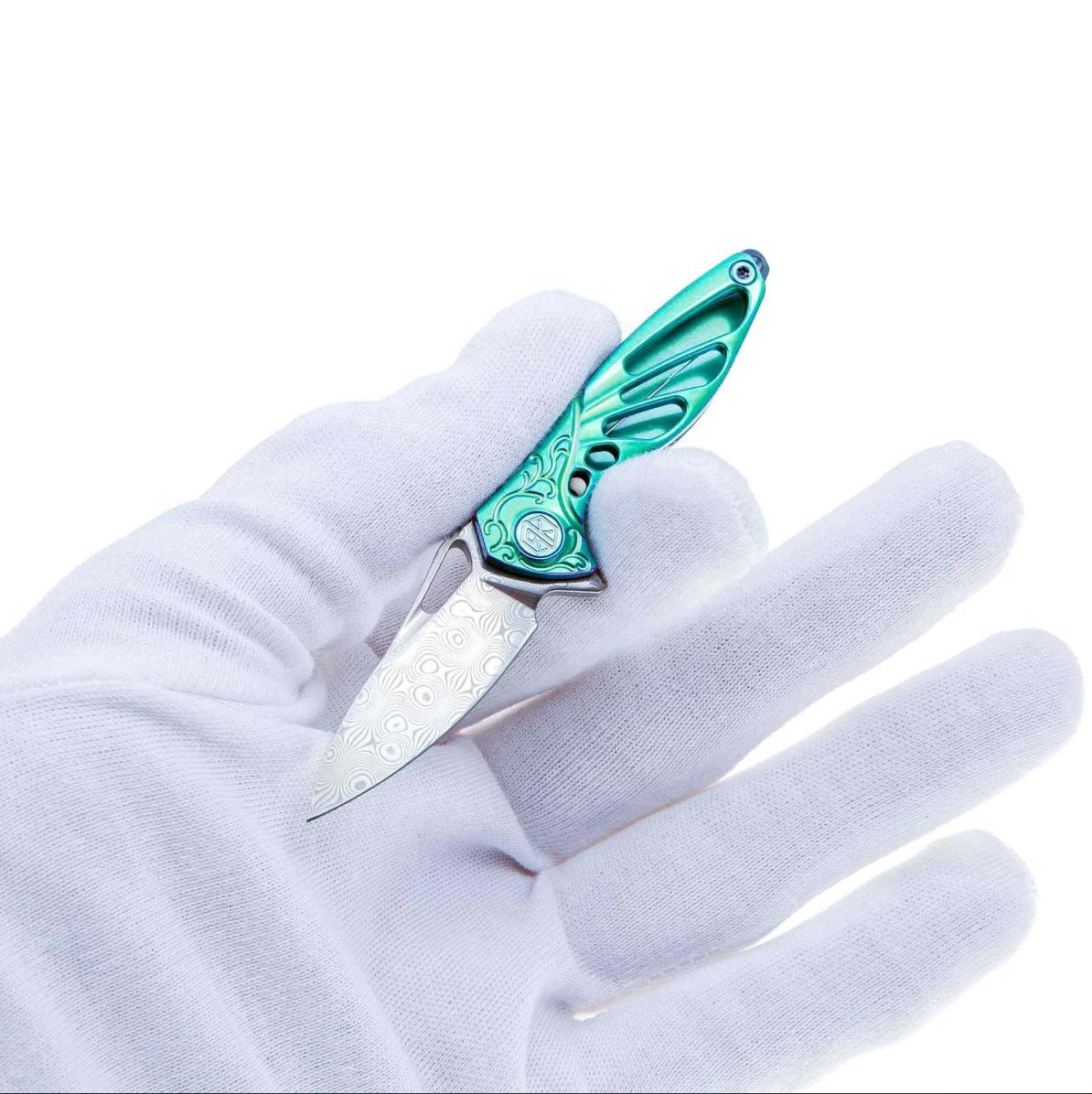 RikeKnife Mini Knife Is Made of Damascus Steel & Green Titanium Handle