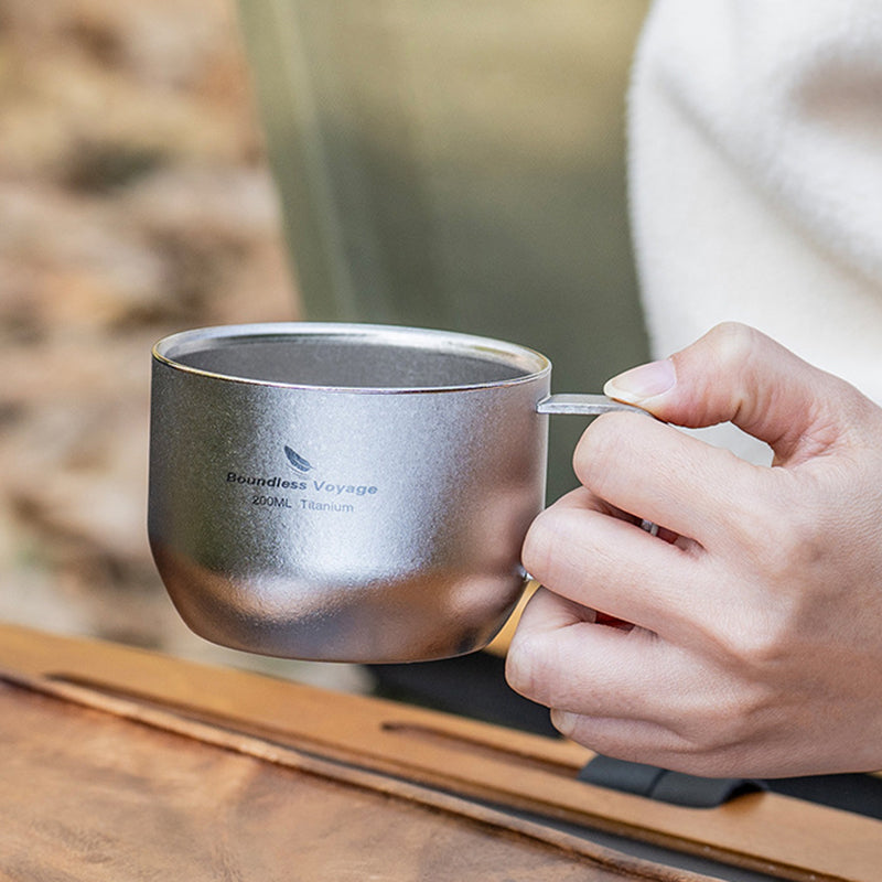 Pure Titanium Double-Layer Mini Coffee Cup With Handle, Ultra-Light Anti-Scalding Portable Tea Wine Cup For Outdoor