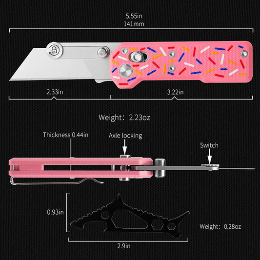 9Ti EDC Donut Utility Knife with Handle: Pink G10 Handle, with 10 Blades, Suitable for EDC and Outdoor Use