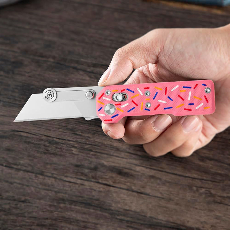 9Ti EDC Donut Utility Knife with Handle: Pink G10 Handle, with 10 Blades, Suitable for EDC and Outdoor Use