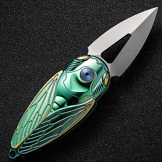 Rike Knife Titanium Alloy Folding Knife M390 Steel Blade Cicada Design EDC Pocket Knife With Necklace Hole(Green)