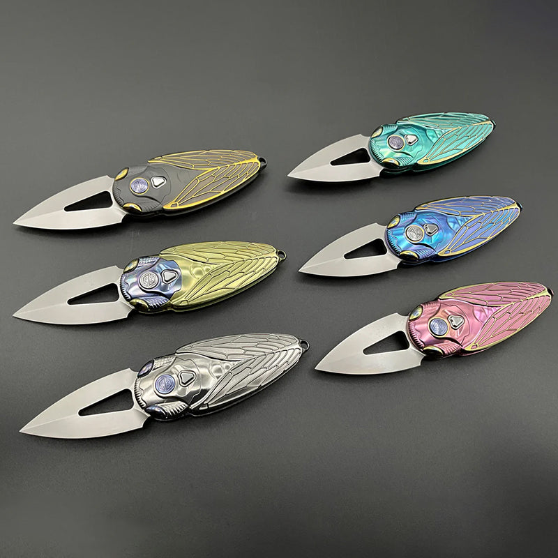 Rike Knife Titanium Alloy Primary Color Folding Knife M390 Steel Knife Cicada Design Edc Pocket Knife With Necklace Hole
