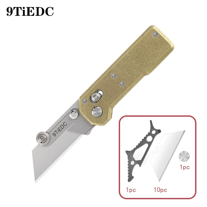 Utility Knife with Brass Handle, Outdoor EDC Folding Wallpaper Knife with 10 Blades