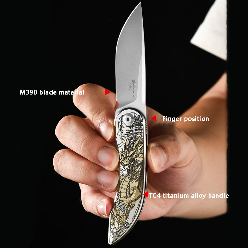 Titanium Alloy Folding Knife With Dragon Pattern - M390 Steel Blade, Portable EDC Tool Ideal For Gift, Collection & Outdoor