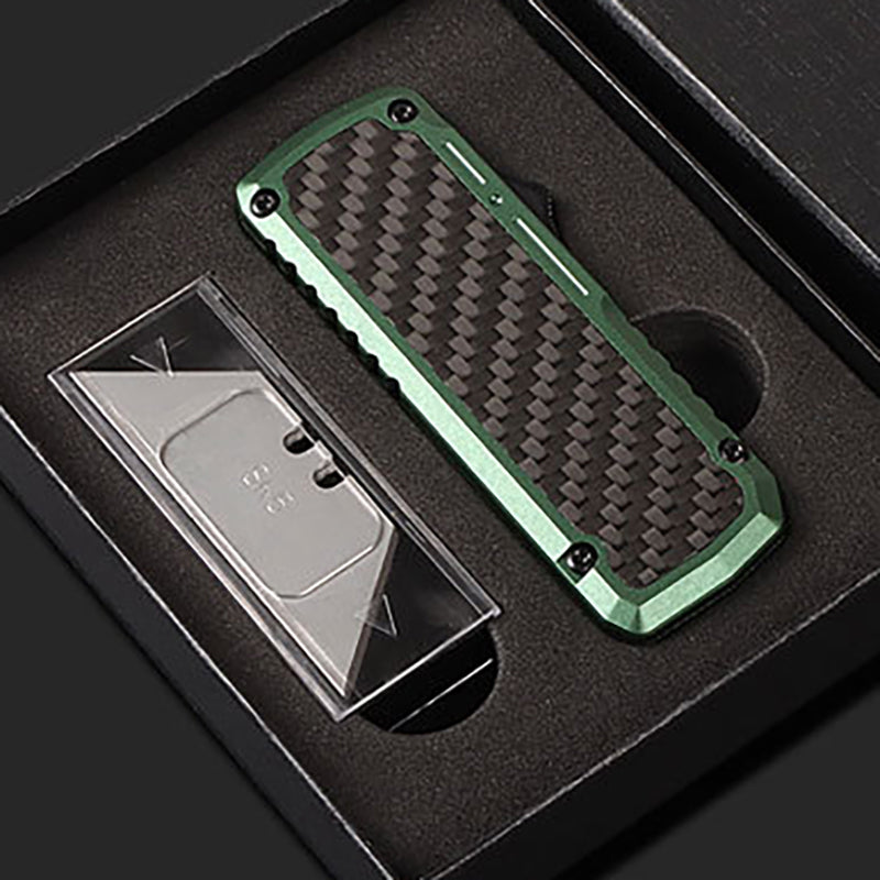 Aluminum Alloy Utility Knife With Carbon Fiber Inlay Green Handle Includes 5 SK5 Blades