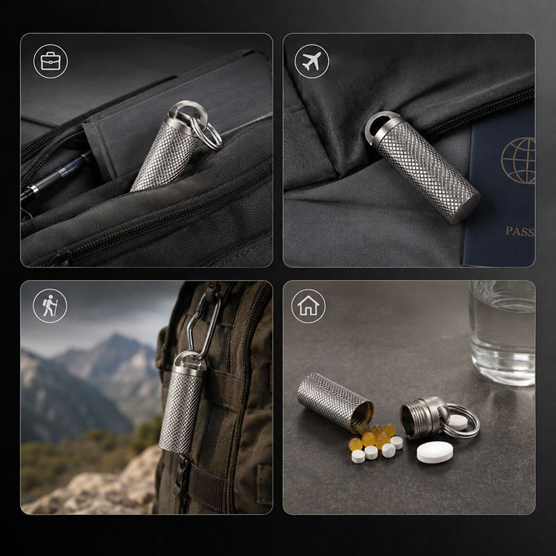 Pure Titanium Mini Medicine Box With Stainless Steel Key Ring, Keychain Pendant