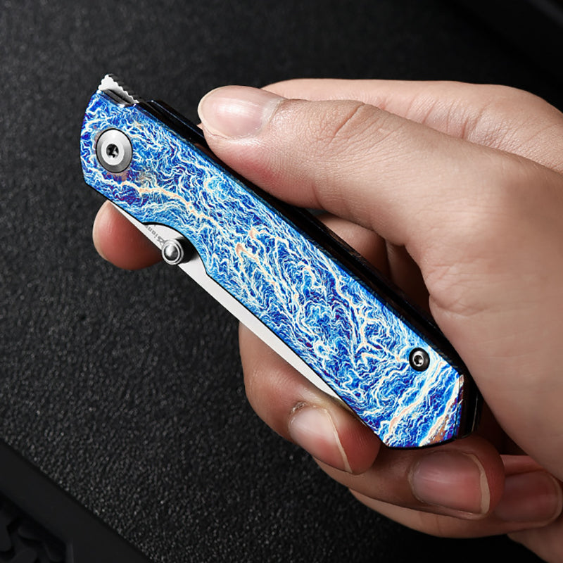 Titanium Alloy EDC Folding Knife M390 Blade Material Outdoor Portable Multi-Function Tool (Blue)