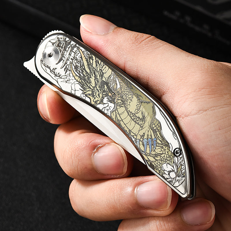 Titanium Alloy Folding Knife With Dragon Pattern - M390 Steel Blade, Portable EDC Tool Ideal For Gift, Collection & Outdoor
