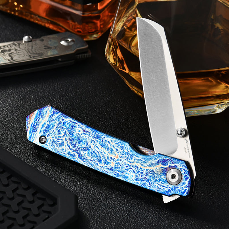 Titanium Alloy EDC Folding Knife M390 Blade Material Outdoor Portable Multi-Function Tool (Blue)