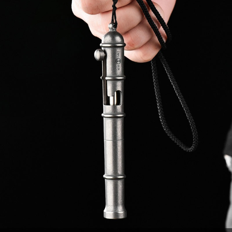 Stone Washed Barrel-Shaped Titanium Alloy Tactical Pen, Bolt Switch Design, Suitable For EDC Outdoor And Signature Use