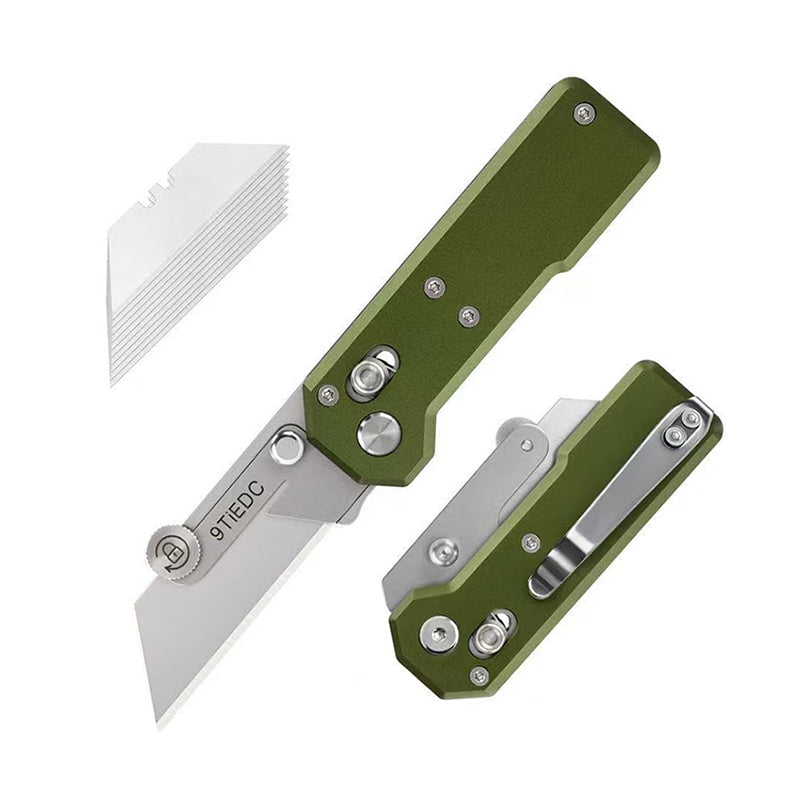 9Ti EDC Aluminum Alloy Utility Knife With Green Handle With 10 Blades Suitable For EDC And Outdoor Use