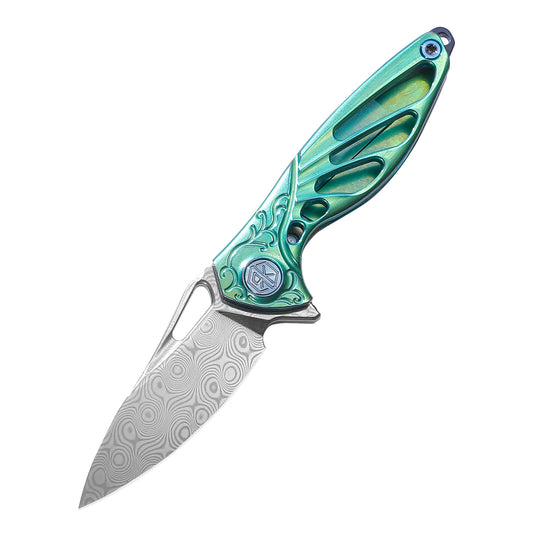RikeKnife Mini Knife Is Made of Damascus Steel & Green Titanium Handle
