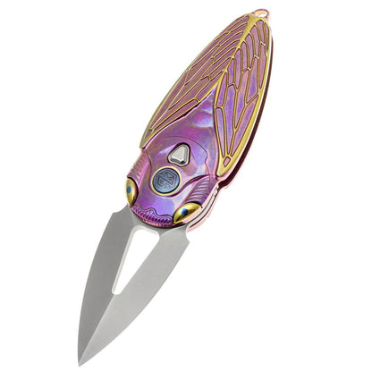 Rike Knife Titanium Alloy Folding Knife M390 Steel Blade Cicada Design EDC Pocket Knife With Necklace Hole Durable Daily Carry Tool（Pink）