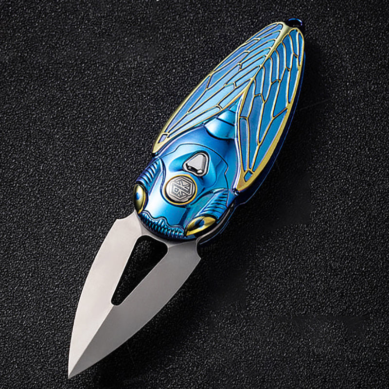 Blue Rike Knife Titanium Alloy Folding Knife M390 Steel Blade Cicada Design EDC Pocket Knife With Necklace Hole