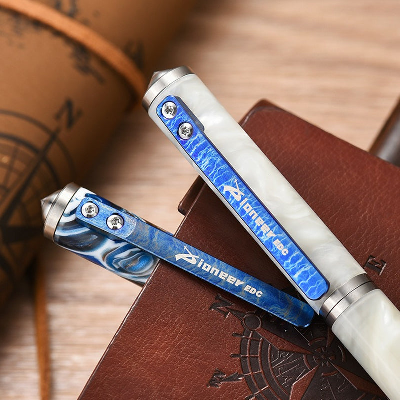 Blue Resin Titanium Alloy Multifunctional Tactical Pen, Portable EDC Massage Signature Pen