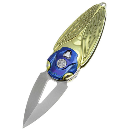Rike Knife Golden Titanium Alloy Folding Knife M390 Steel Knife Cicada Design EDC Pocket Knife With Necklace Hole