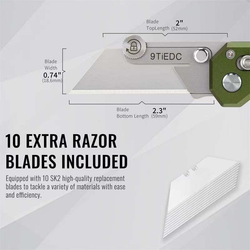 9Ti EDC Aluminum Alloy Utility Knife With Green Handle With 10 Blades Suitable For EDC And Outdoor Use