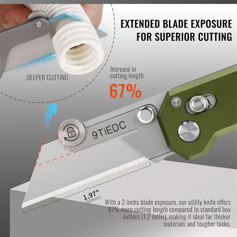 9Ti EDC Aluminum Alloy Utility Knife With Green Handle With 10 Blades Suitable For EDC And Outdoor Use