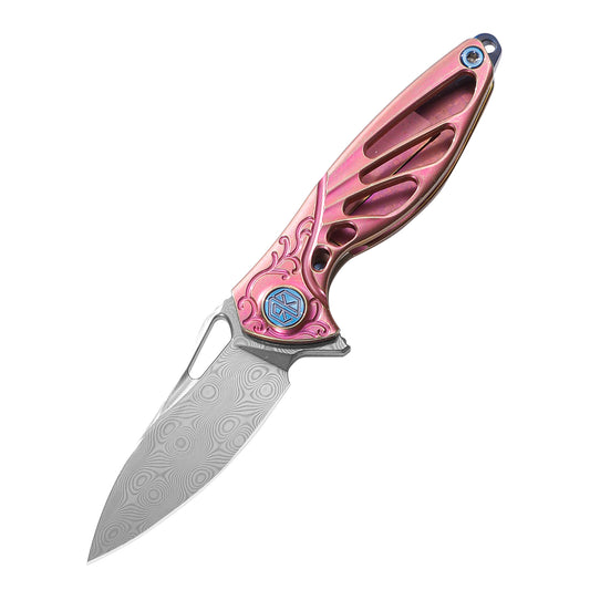 Rike Knife Mini Titanium Alloy Knife Made of Damascus Steel & Pink Titanium Handle
