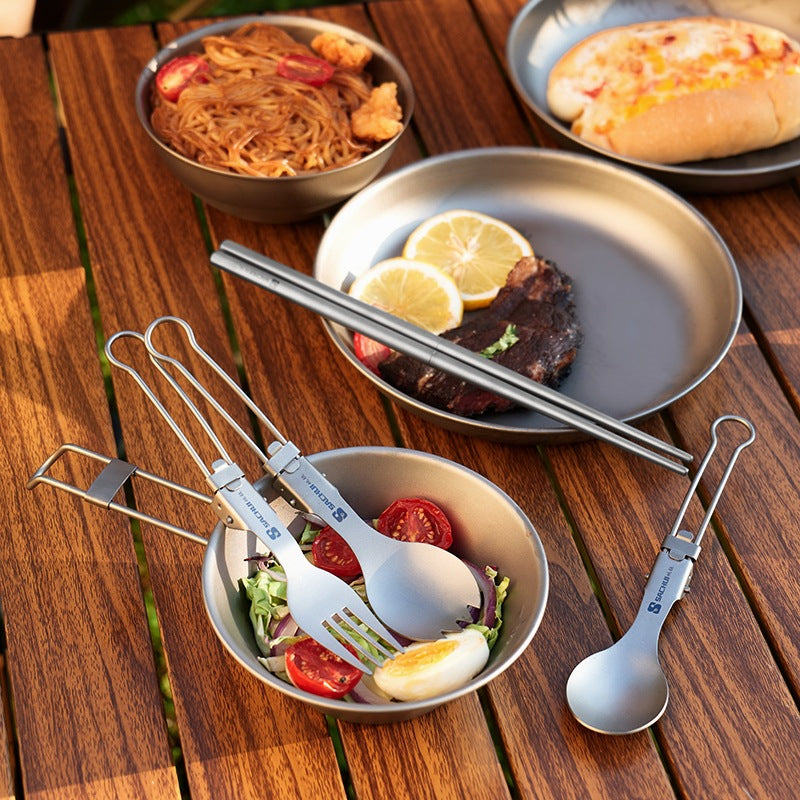 Pure Titanium 4-Piece Folding Tableware Set, Portable Outdoor Camping Titanium Utensils