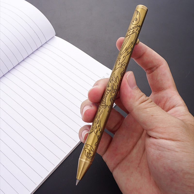 Brass carved multifunctional signature pen, button switch ballpoint pen