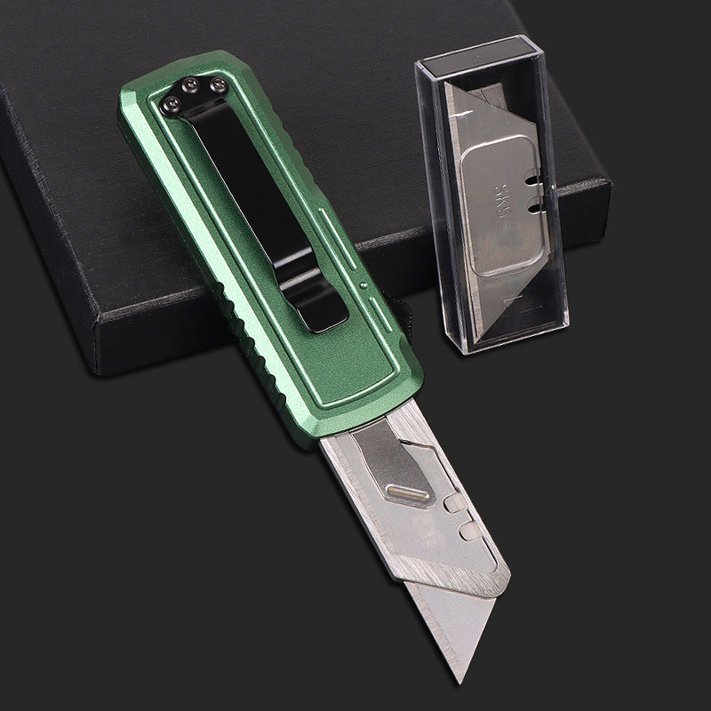 Aluminum Alloy Utility Knife With Carbon Fiber Inlay Green Handle Includes 5 SK5 Blades