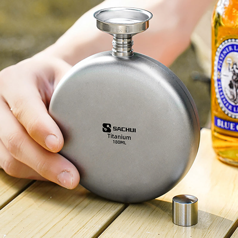 Pure Titanium 180ML Sports Water Bottle Outdoor Flat Round Kettle, Camping & Portable