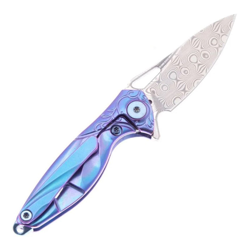 RikeKnife Mini Titanium Alloy Knife, Damascus steel material & Blue Titanium Handle
