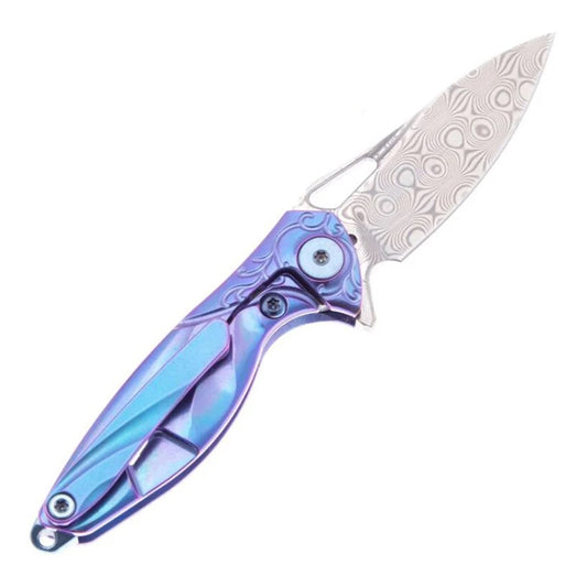 RikeKnife Mini Titanium Alloy Knife, Damascus steel material & Blue Titanium Handle