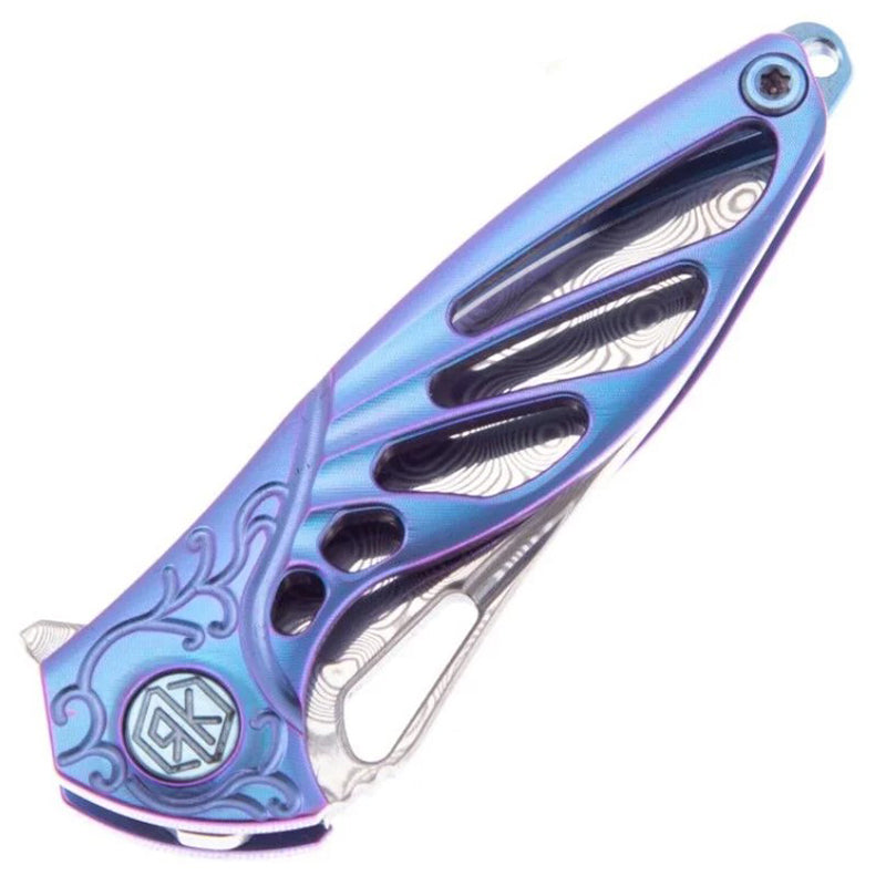 RikeKnife Mini Titanium Alloy Knife, Damascus steel material & Blue Titanium Handle