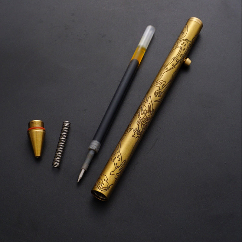 Brass carved multifunctional signature pen, button switch ballpoint pen