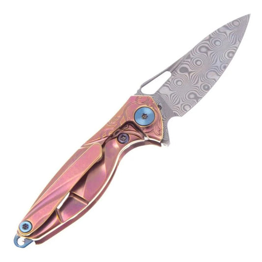 Rike Knife Mini Titanium Alloy Knife Made of Damascus Steel & Pink Titanium Handle