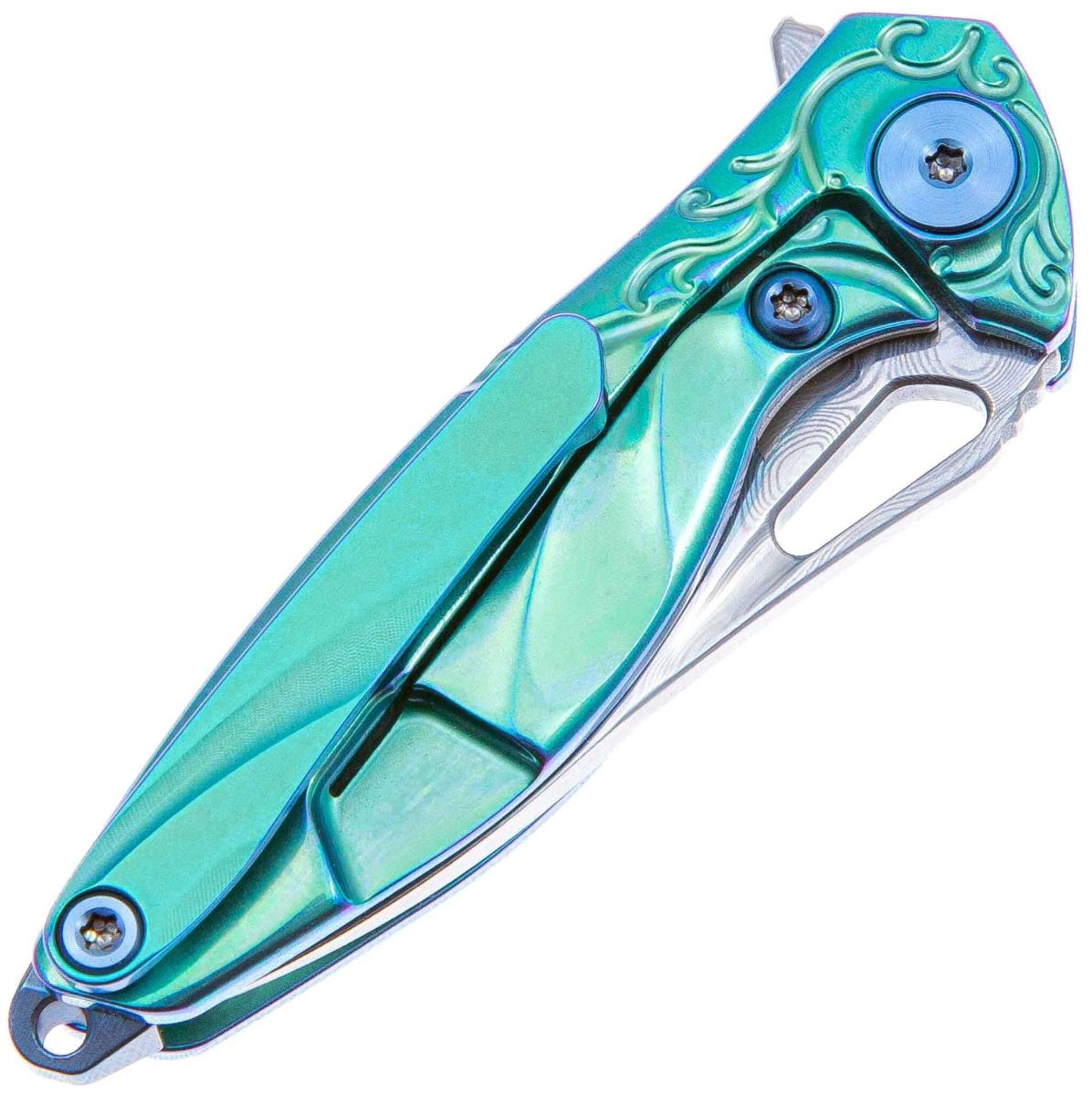 RikeKnife Mini Knife Is Made of Damascus Steel & Green Titanium Handle