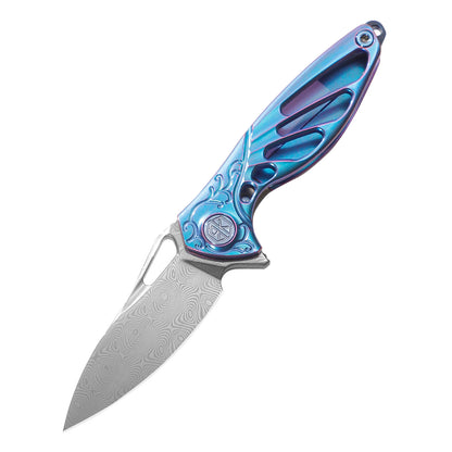RikeKnife Mini Titanium Alloy Knife, Damascus steel material & Blue Titanium Handle