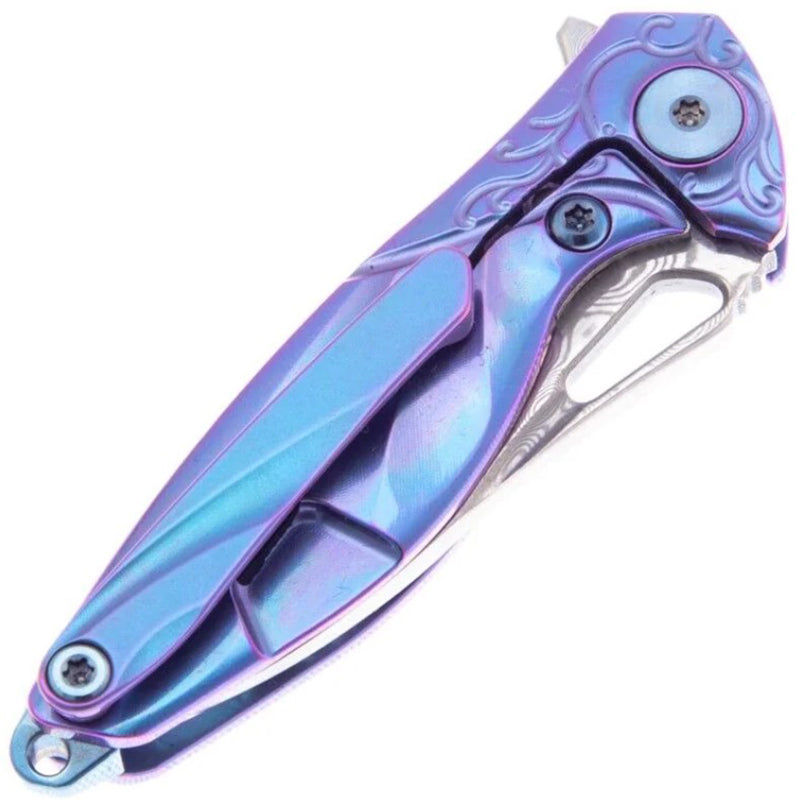 RikeKnife Mini Titanium Alloy Knife, Damascus steel material & Blue Titanium Handle