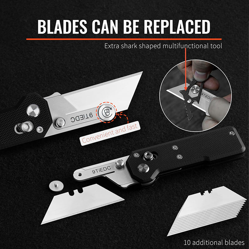 Black G10 Handle Utility Knife with 10 Blades, Suitable for EDC and Outdoor Use