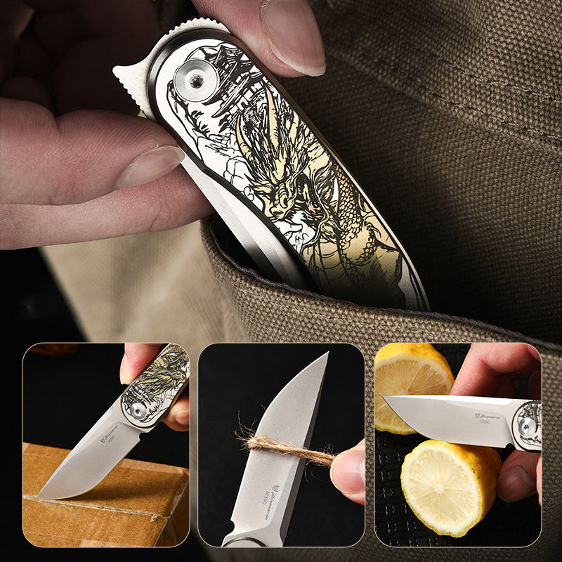 Titanium Alloy Folding Knife With Dragon Pattern - M390 Steel Blade, Portable EDC Tool Ideal For Gift, Collection & Outdoor