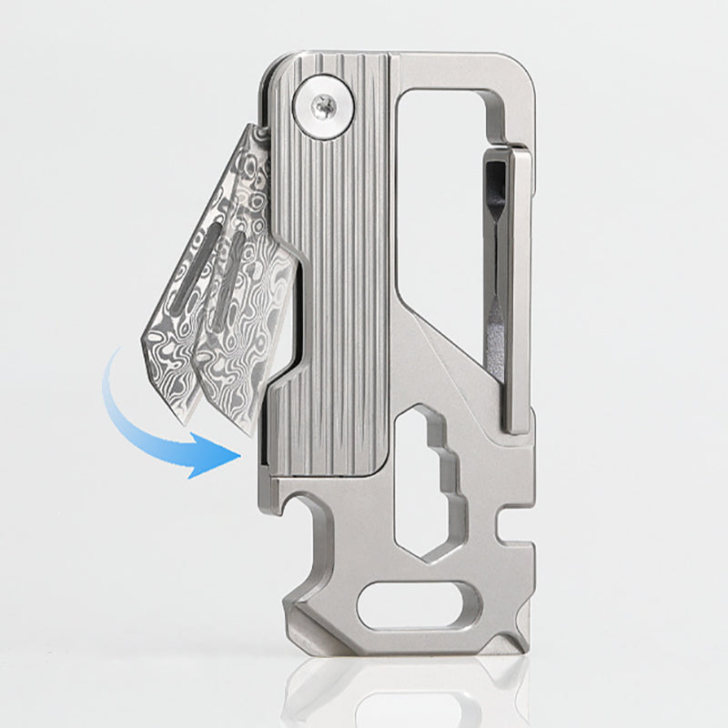 Titanium Alloy EDC Multitool Keychain with Damascus Steel Knife - Bottle Opener & Repair Tool for Outdoor/Everyday