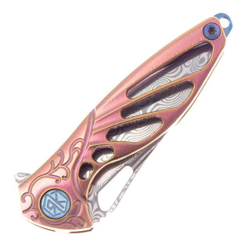 Rike Knife Mini Titanium Alloy Knife Made of Damascus Steel & Pink Titanium Handle
